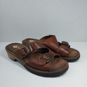EARTH Shoes Size 7 Brown Leather Slide Slip On Sandals Buckles Boho Gelron 2000